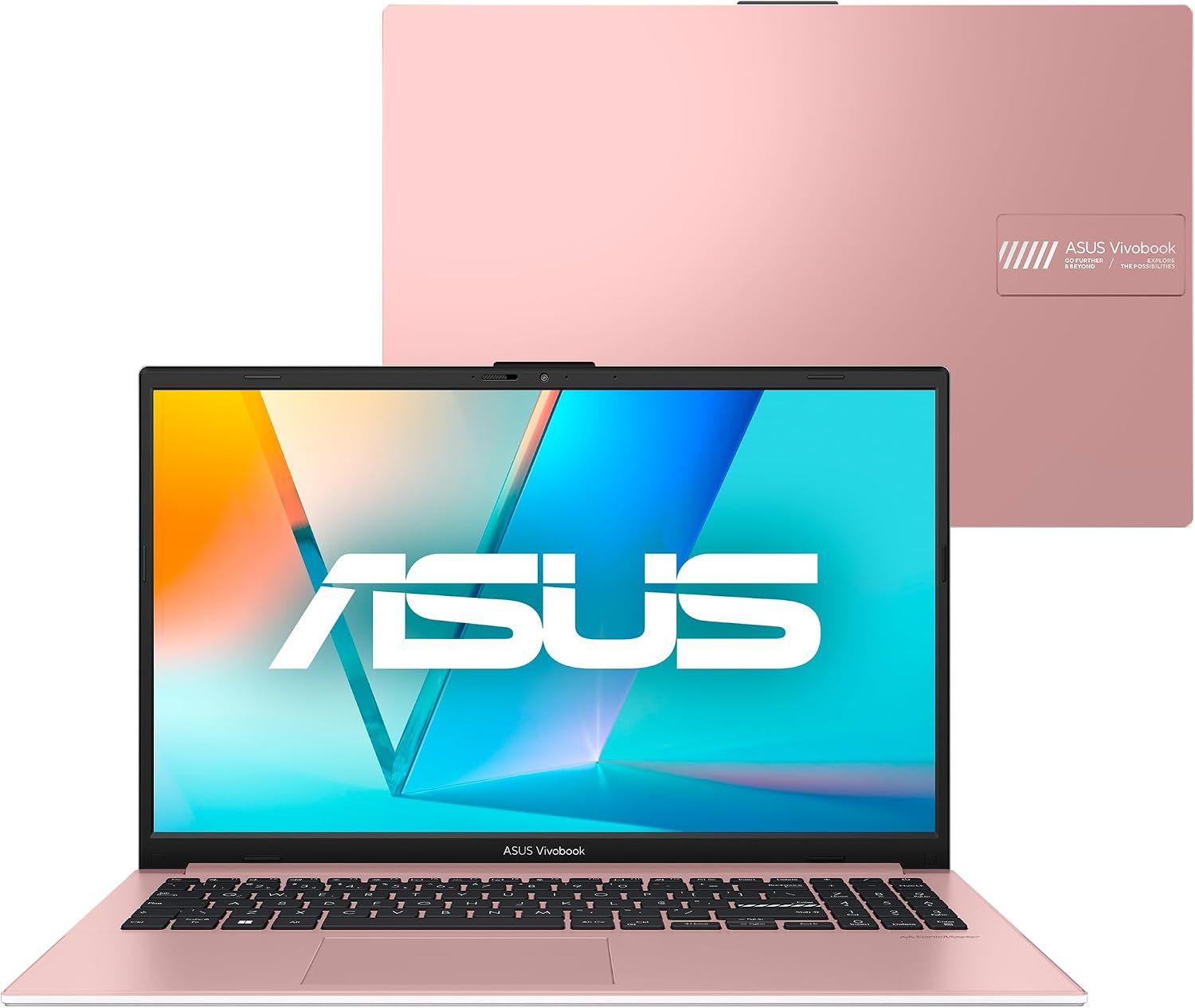 Notebook ASUS Vivobook Go 15 com tela e teclado visíveis, mostrando a qualidade de construção e design ergonômico + notebook leve e eficiente