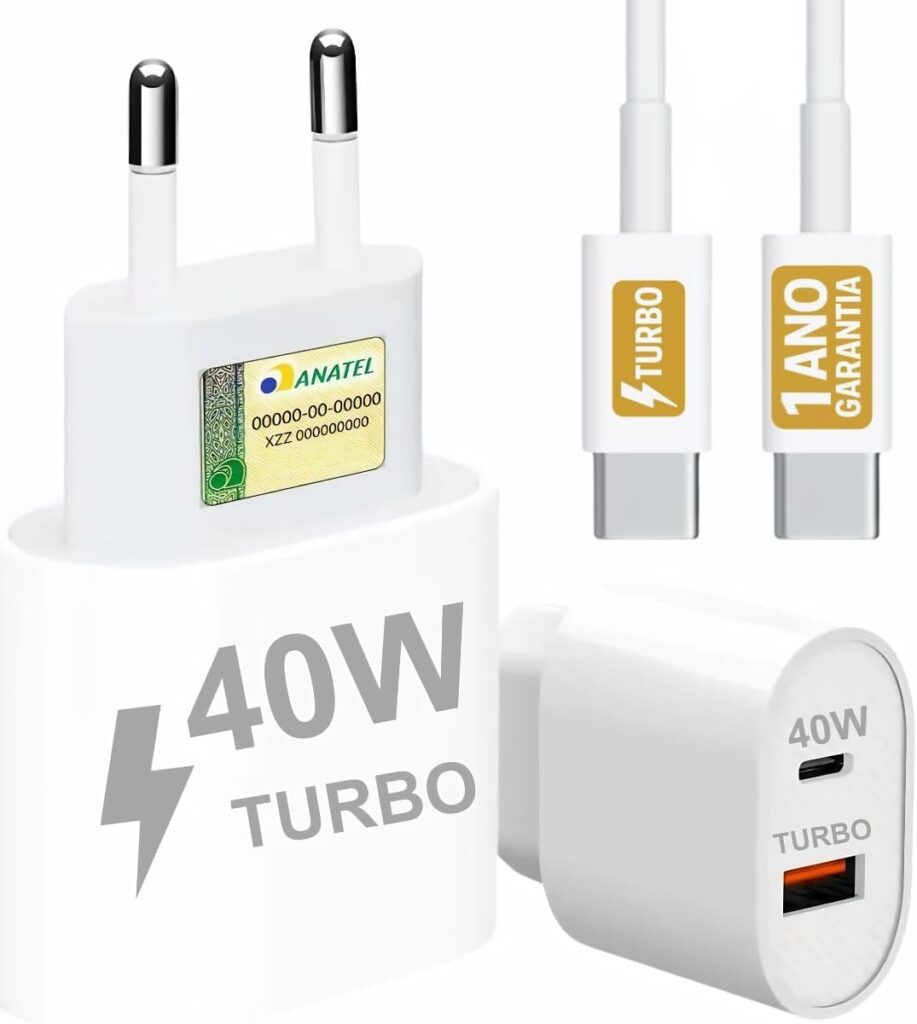 Carregador Turbo 40W compatível com iPhone e iPad, feito de material durável, design compacto e tecnologia de carregamento rápido.