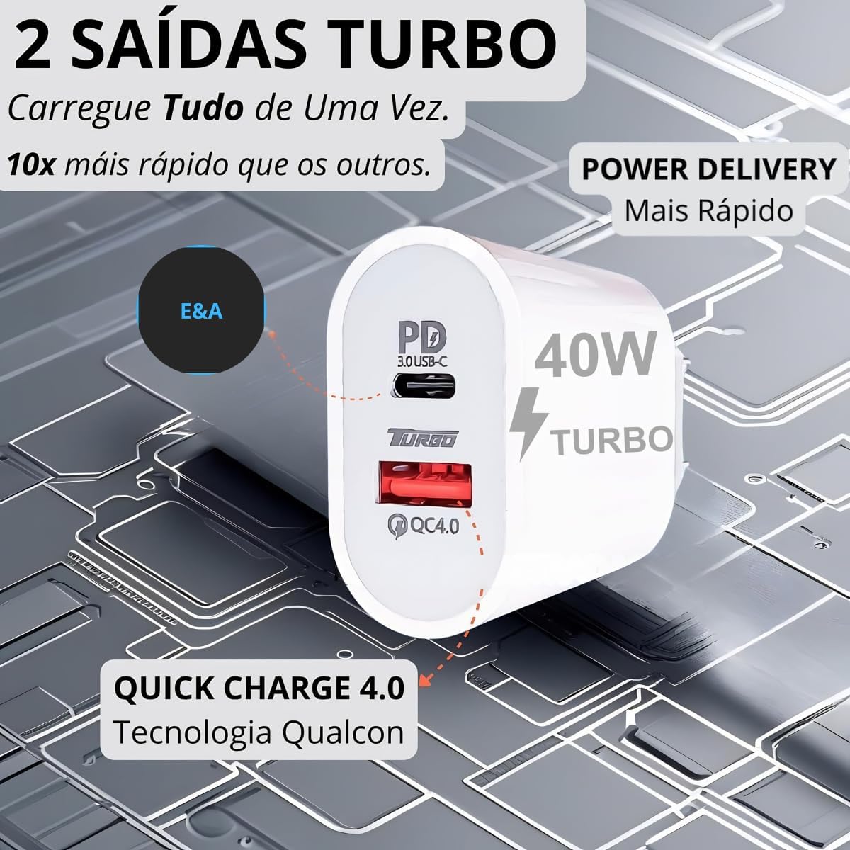Carregador Turbo 40W conectado a vários dispositivos