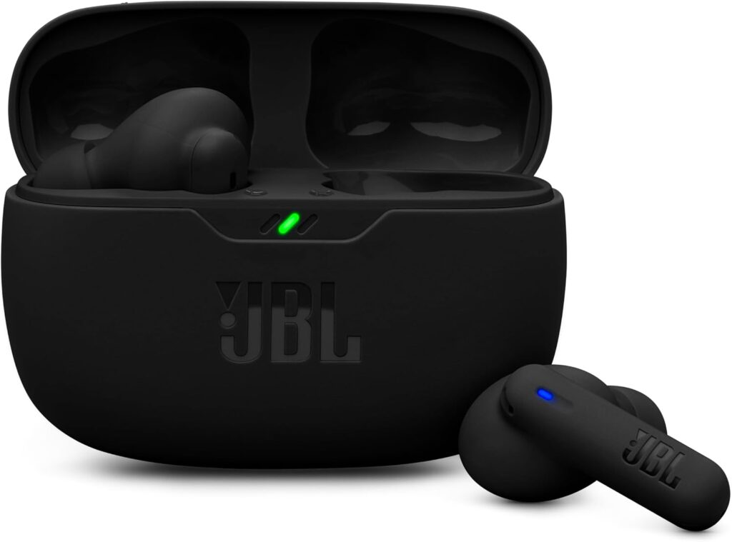 Fone de ouvido bluetooth jbl Wave Beam 2 com design moderno, drivers de 8 mm e acabamento em polímero ABS, ideal para qualidade sonora.