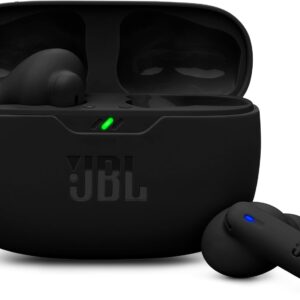 Fone de Ouvido JBL Wave Beam 2 Bluetooth, com design ergonômico e acabamento em polímero, ideal para música e chamadas.