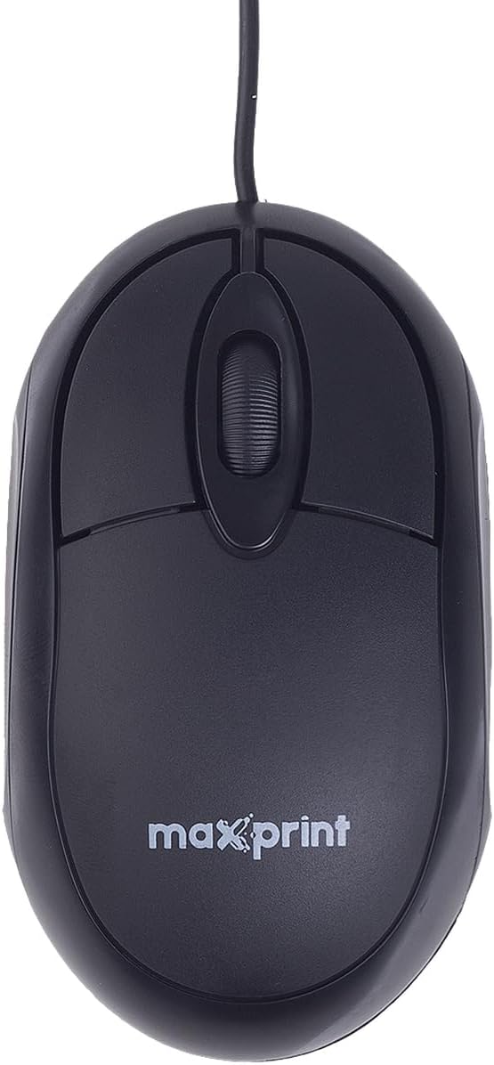 Maxprint Mouse MO1000 Essential com fio, design ergonômico e acabamento resistente em preto fosco.