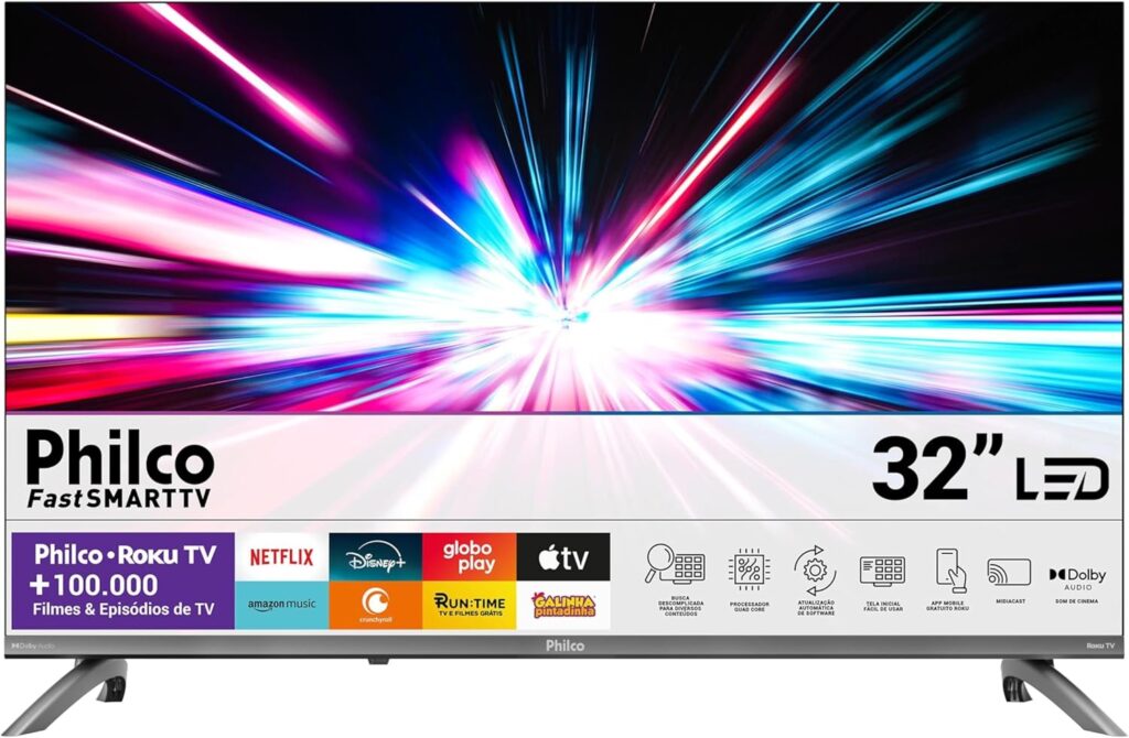 Smart TV 32" Philco Roku TV com design slim, tecnologia HDR10 e som Dolby Áudio, ideal para ambientes pequenos.
