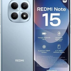Smartphone Xiaomi Redmi Note 15 azul com design moderno em close, destacando a tela AMOLED e acabamento em vidro.