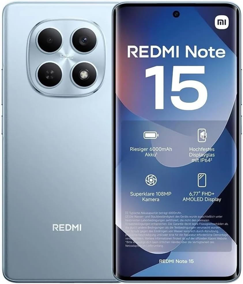Smartphone Xiaomi Redmi Note 15 Azul com design moderno, 8GB RAM e 256GB ROM.