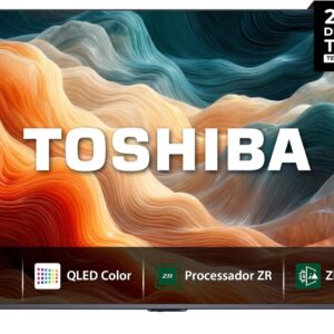 Toshiba Smart TV 50M450RS, com painel QLED e design moderno, apresenta cores vibrantes e som Dolby Atmos em alta definição.
