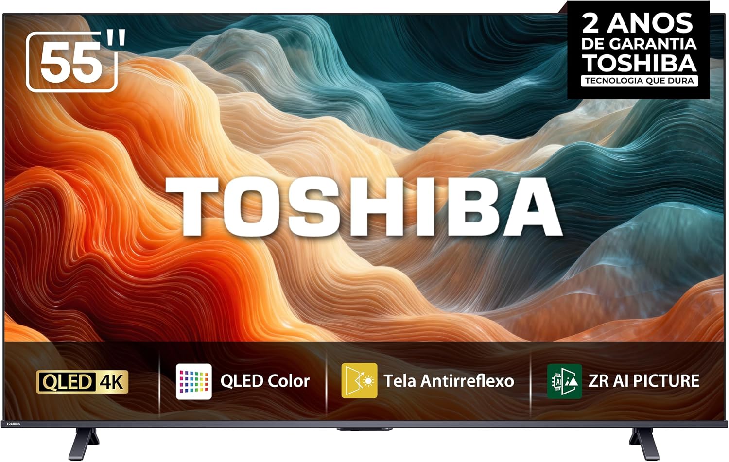 Vista frontal da TV Toshiba 55M450SS revelando o design elegante e a tela QLED 4K