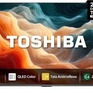 Toshiba Smart TV MiniLED 65M450SS mostrando imagens vívidas e design elegante, ideal para quem busca tecnologia de ponta.