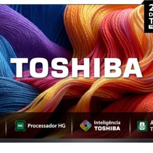 Smart TV Toshiba 43V45SS com tela QLED, mostrando cores vibrantes e design moderno, ideal para entretenimento em casa.