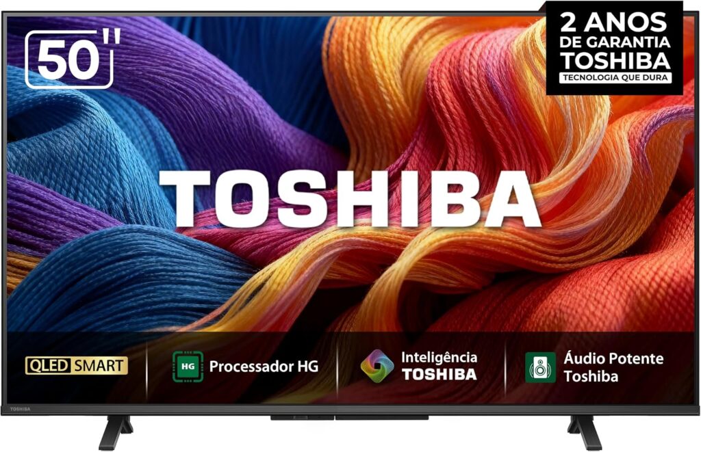 Smart TV Toshiba 50V45SS de 50 polegadas, com design minimalista e cores vibrantes do painel QLED, ideal para ambientes modernos.