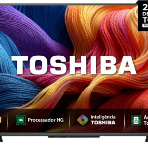 Smart TV Toshiba 50V45SS de 50 polegadas, com design minimalista e cores vibrantes do painel QLED, ideal para ambientes modernos.