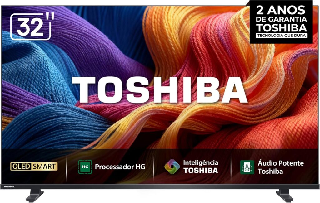 Smart TV Toshiba QLED 32 polegadas com design minimalista e tecnologia avançada.