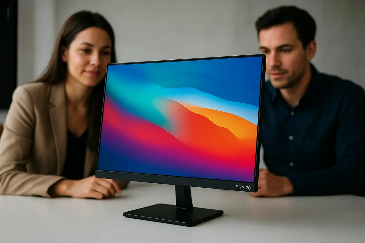 Foto de estúdio do monitor BRX 20 exibindo seu design moderno e tela Full HD.