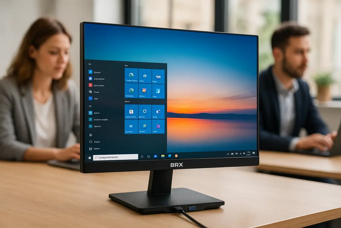 Imagem de estúdio do Monitor BRX 20 LED 75Hz HDMI VGA em um ambiente de trabalho moderno, destacando seu design.