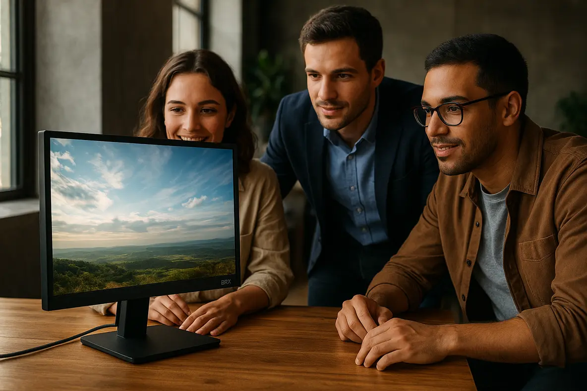 Monitor BRX 20 polegadas com design moderno e especificações técnicas destacadas.