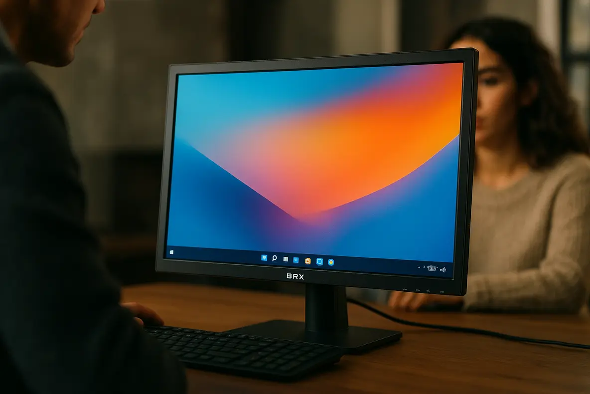 Imagem de estúdio detalhando o design e a tela do monitor BRX 20 polegadas, complementando a análise completa.