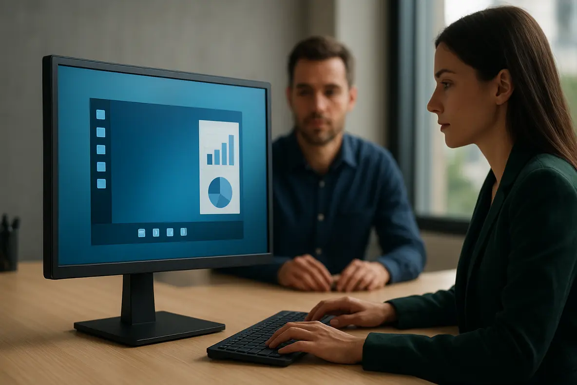 Imagem de estúdio do monitor BRX 20 polegadas, mostrando seu design compacto e tela ligada em um ambiente profissional.