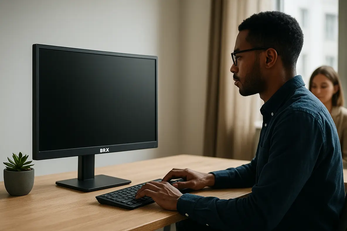 Uma análise detalhada do Monitor BRX 20 polegadas exibido em um setup de home office moderno.