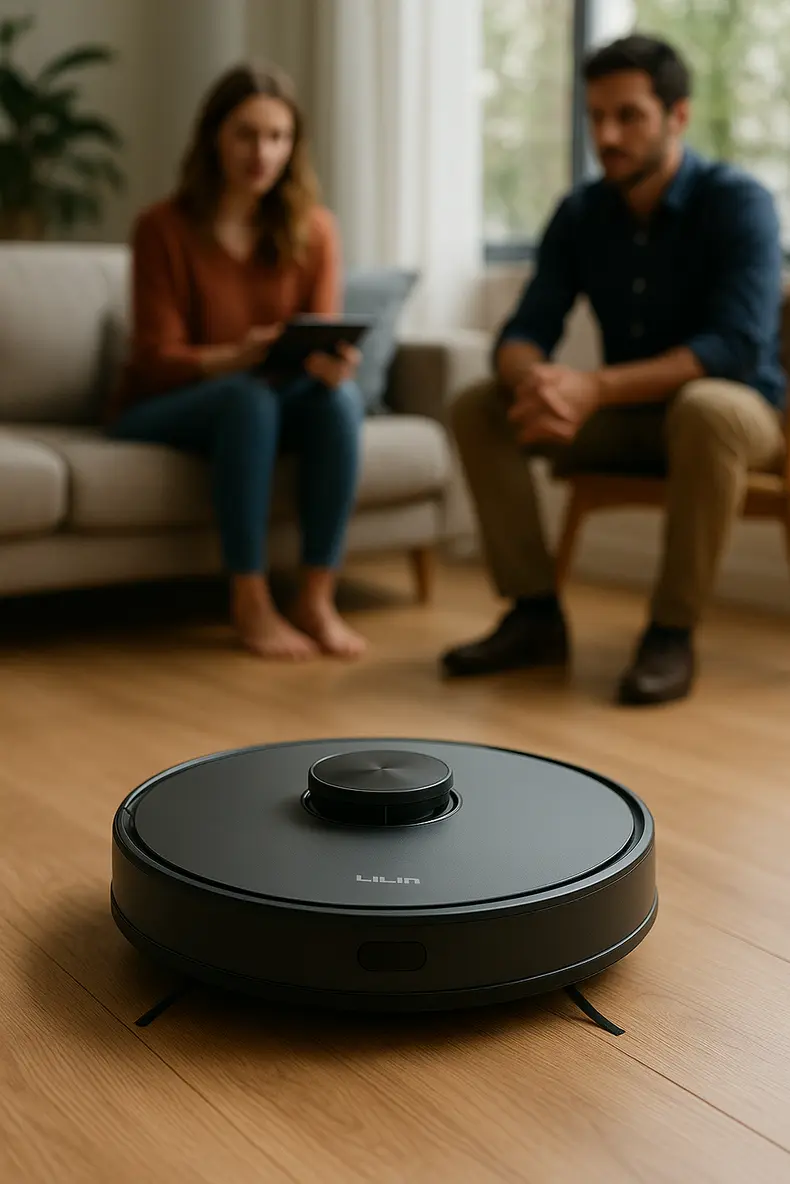 O Lilin Robô Aspirador de Pó X6 em um ambiente moderno, destacando seu design elegante e tecnologia de limpeza.