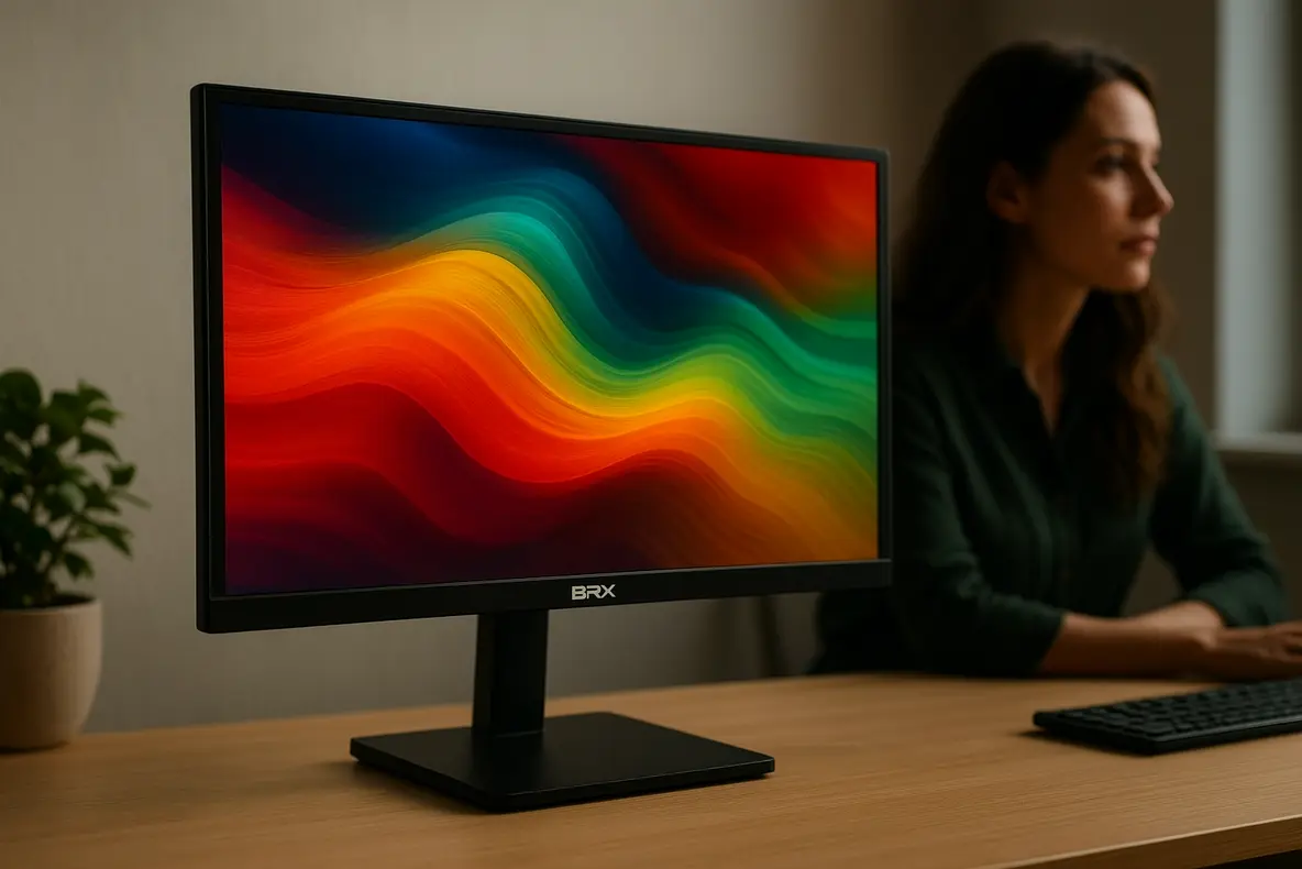 Monitor BRX 20 LED 75Hz HDMI VGA em um setup de escritório, exibindo uma imagem vibrante.