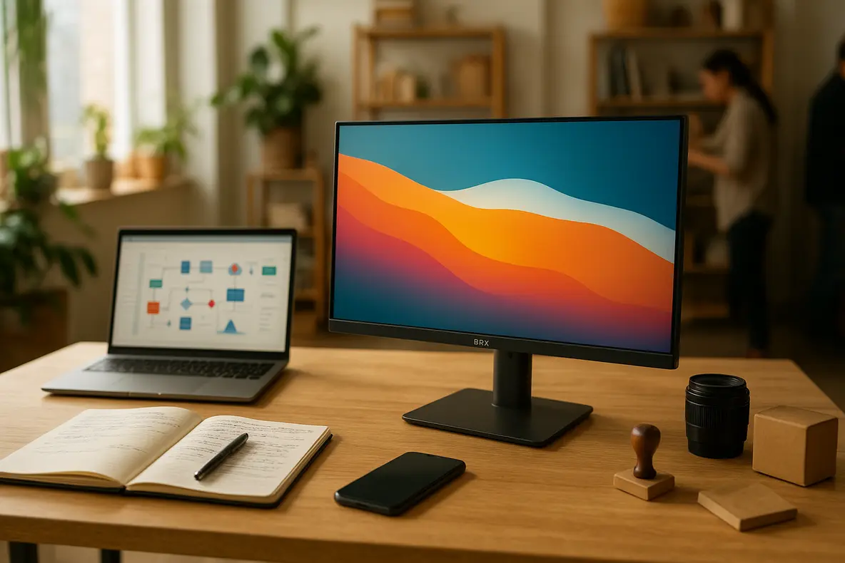Monitor BRX 20 LED 75Hz HDMI VGA em um setup de escritório, exibindo uma imagem vibrante. - Aplicação Prática