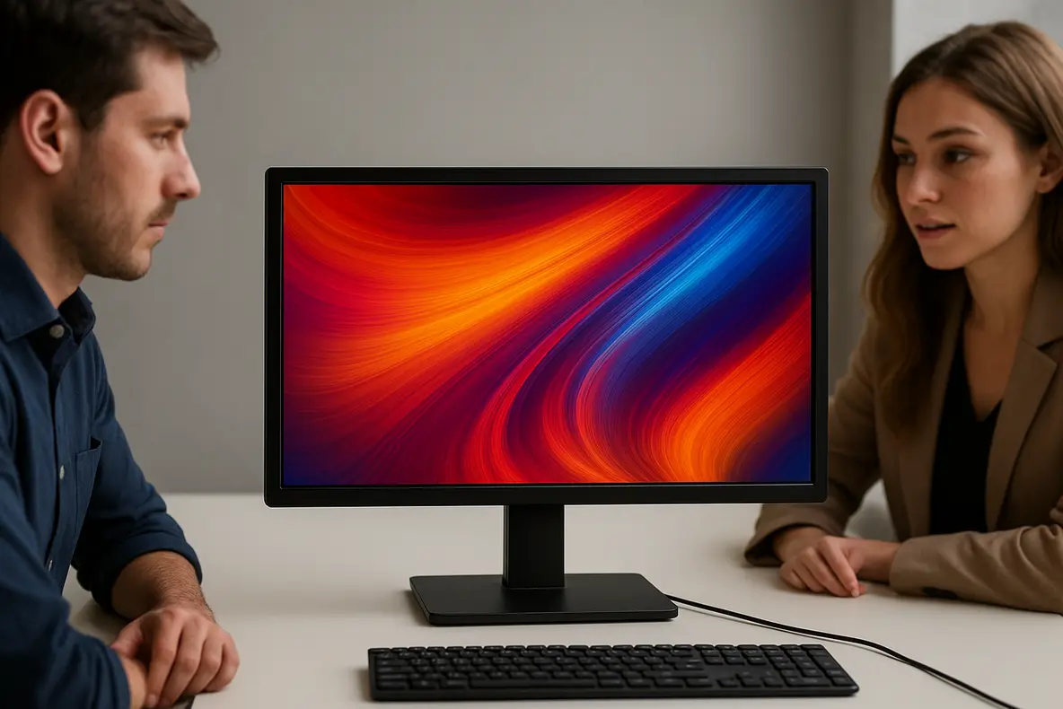 Um monitor BRX 20 LED 75Hz HDMI VGA, exibindo uma imagem colorida para ilustrar a análise completa e ajudar a decidir se vale a pena.
