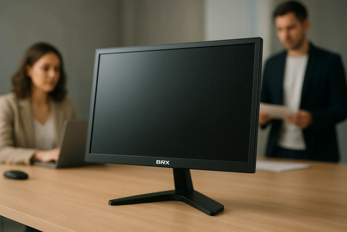 Monitor LED BRX de 20 polegadas em um escritório moderno, pronto para análise monitor brx 20.