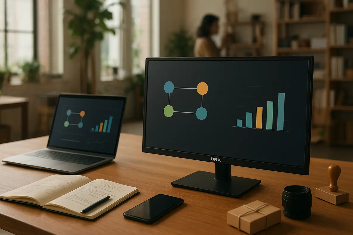 Monitor LED BRX de 20 polegadas em um escritório moderno, pronto para análise monitor brx 20. - Aplicação Prática