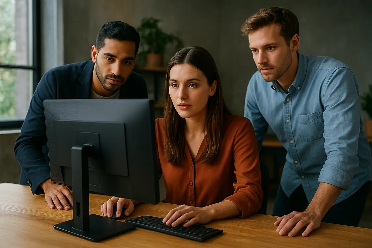 Monitor BRX de 20 polegadas em ambiente de escritório, com foco na performance e conectividade.