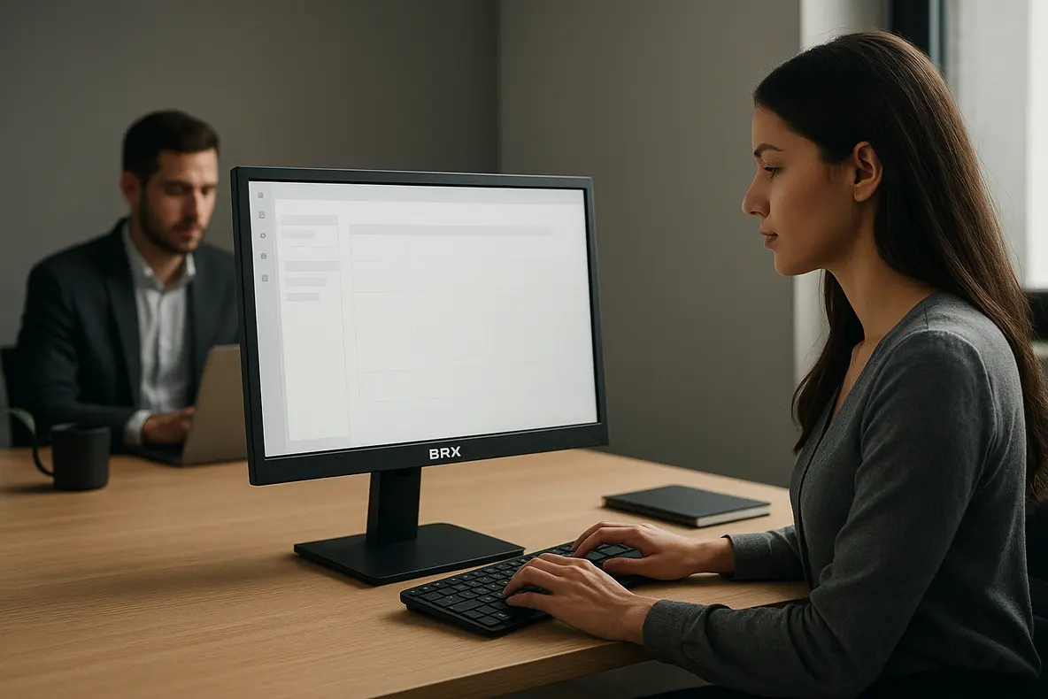 Um monitor BRX 20 polegadas com design moderno e minimalista em um ambiente de escritório, pronto para uso e análise.