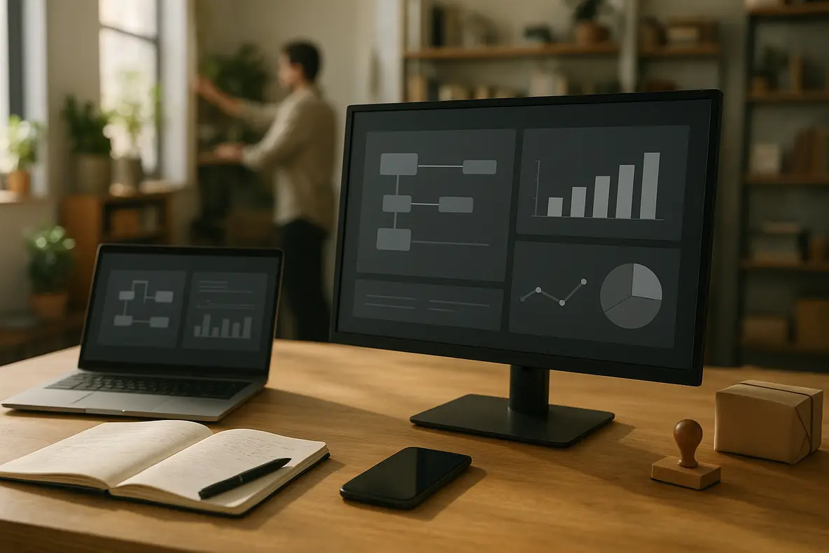 Um monitor BRX 20 polegadas com design moderno e minimalista em um ambiente de escritório, pronto para uso e análise. - Aplicação Prática