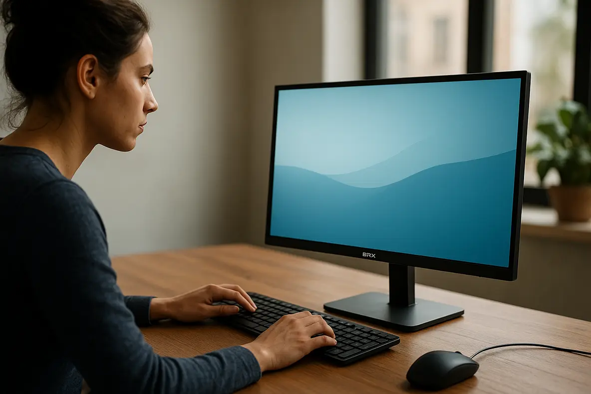 Monitor BRX 20 polegadas com design slim e bordas finas exibindo uma imagem colorida.