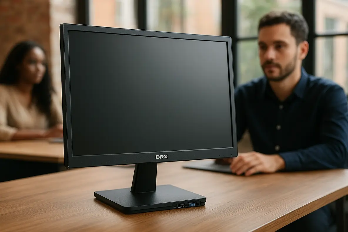 Monitor BRX de 20 polegadas em uma mesa, destacando seu design moderno e tela nítida para home office.