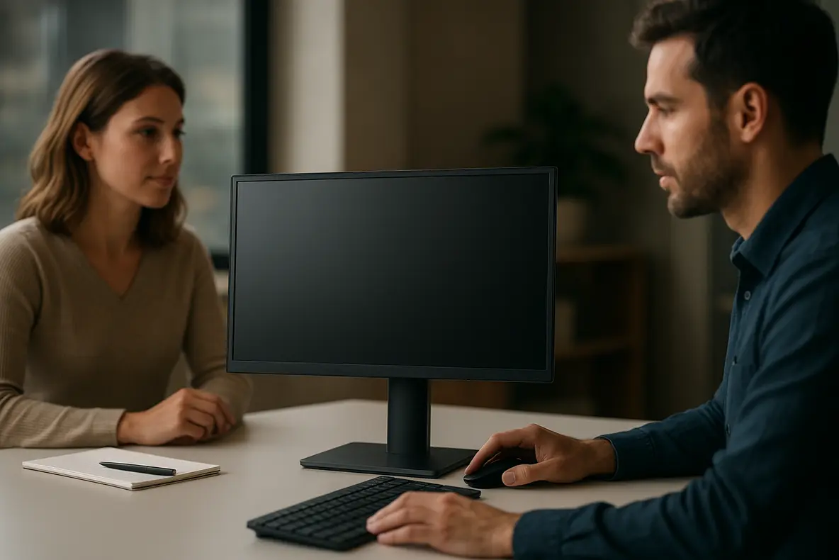 Um monitor BRX 20 polegadas com design slim em um ambiente de escritório.