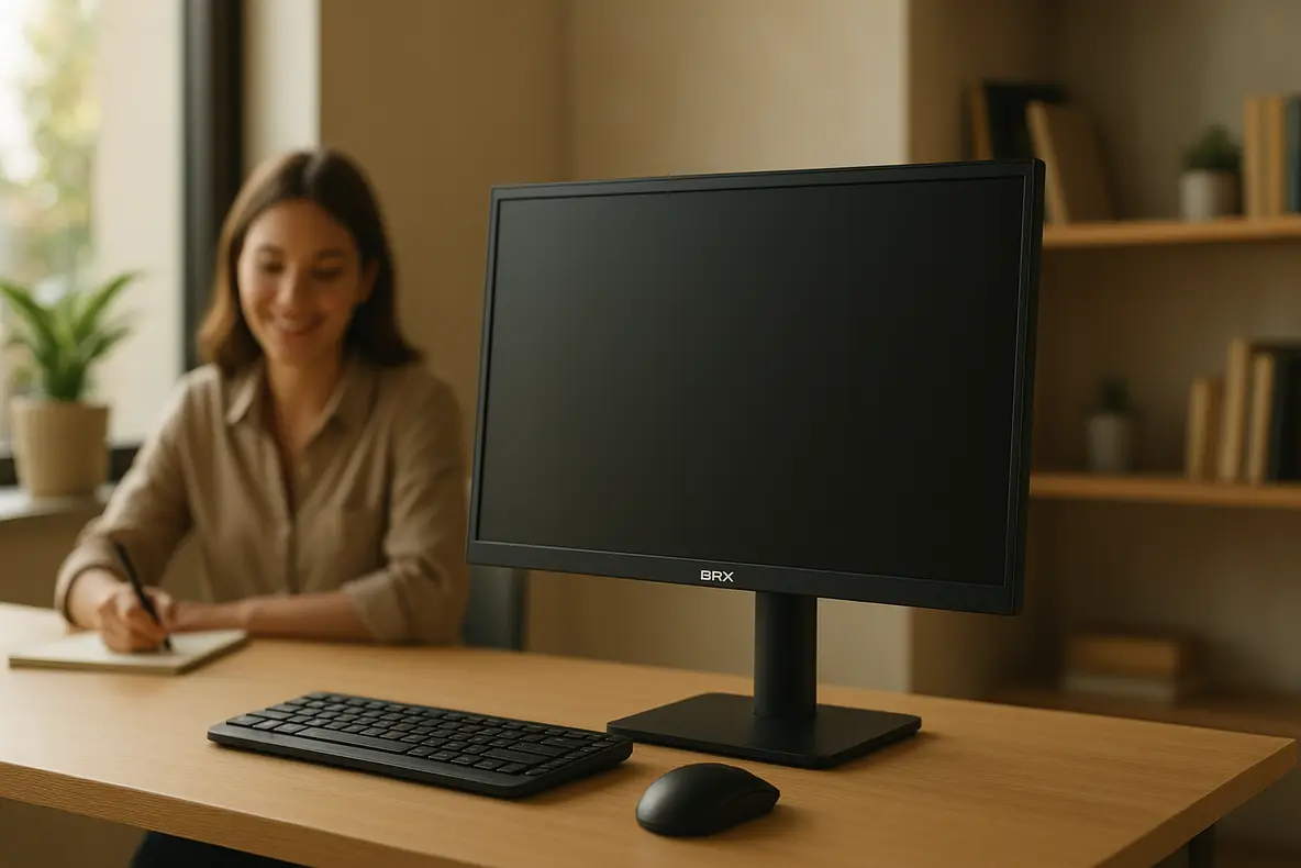 Monitor BRX 20 polegadas exibido em um ambiente de trabalho organizado e compacto.