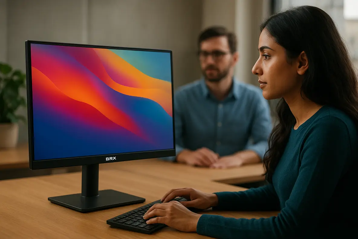 Imagem de close-up de um monitor BRX 20 polegadas slim em um setup de escritório, destacando seu design e performance, importante para quem busca um monitor brx 20 polegadas review.