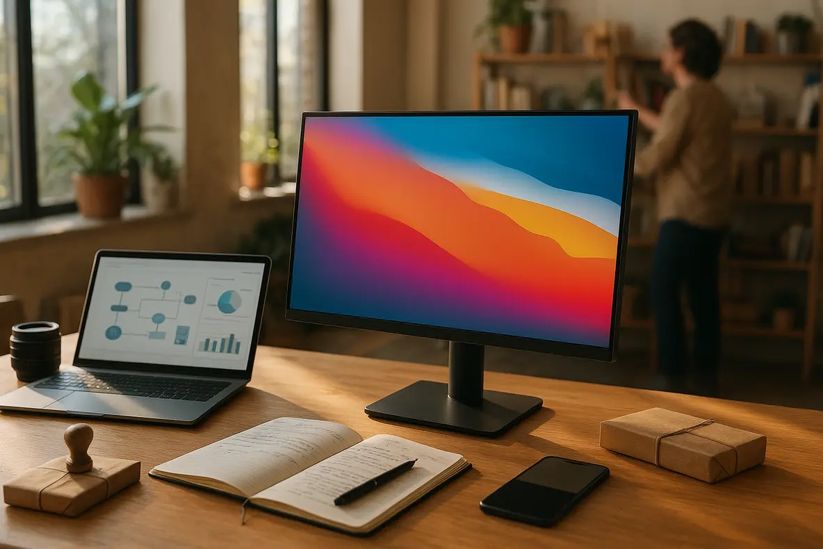 Imagem de close-up de um monitor BRX 20 polegadas slim em um setup de escritório, destacando seu design e performance, importante para quem busca um monitor brx 20 polegadas review. - Aplicação Prática