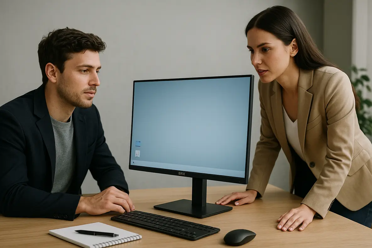 Monitor BRX 20 polegadas slim com design moderno e bordas finas em uma configuração de escritório.