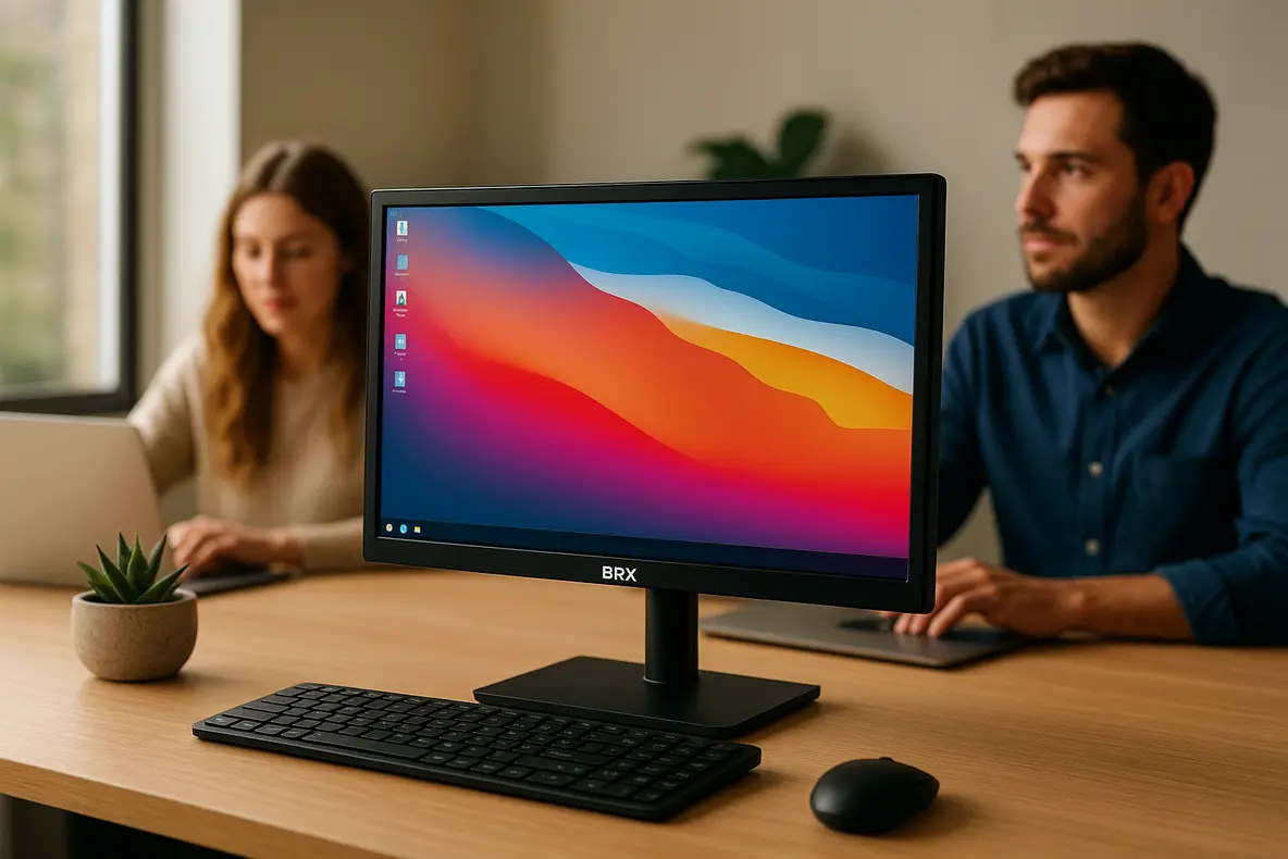 Monitor LED BRX 20 polegadas em um ambiente de escritório moderno, destacando sua funcionalidade para o dia a dia.