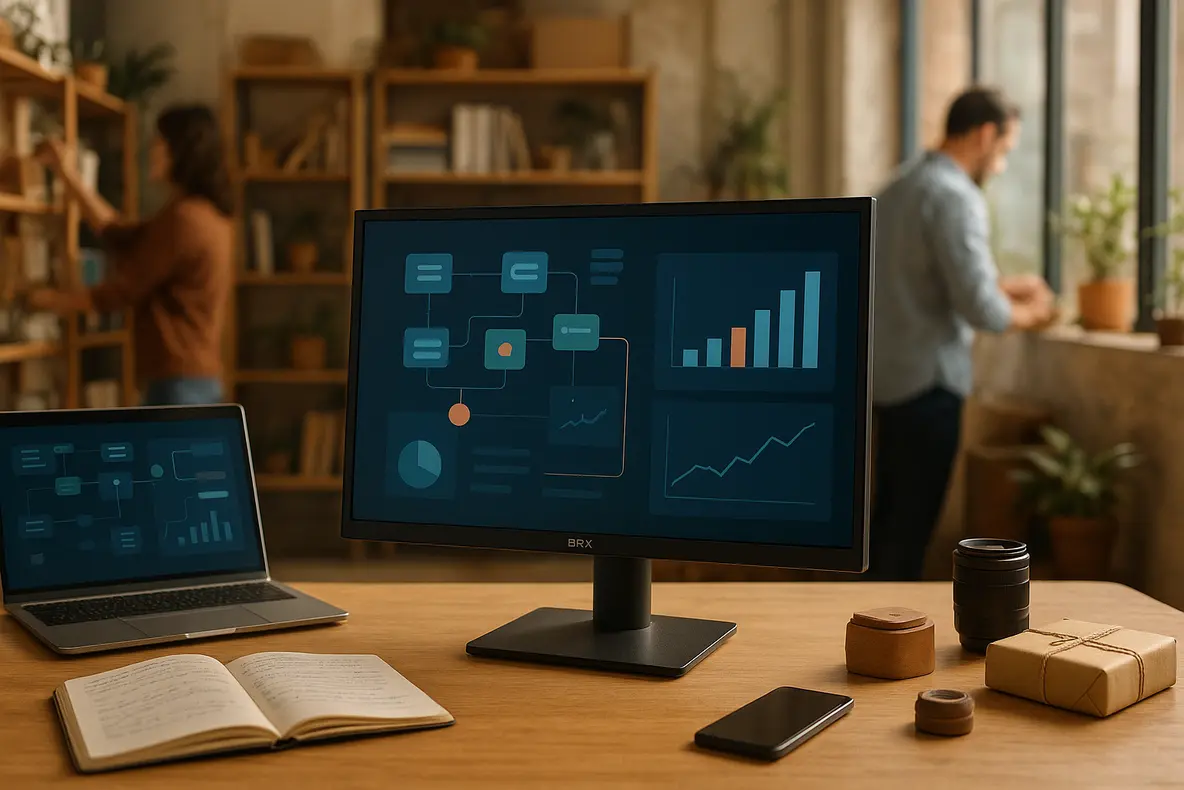 Monitor LED BRX 20 polegadas em um ambiente de escritório moderno, destacando sua funcionalidade para o dia a dia. - Aplicação Prática