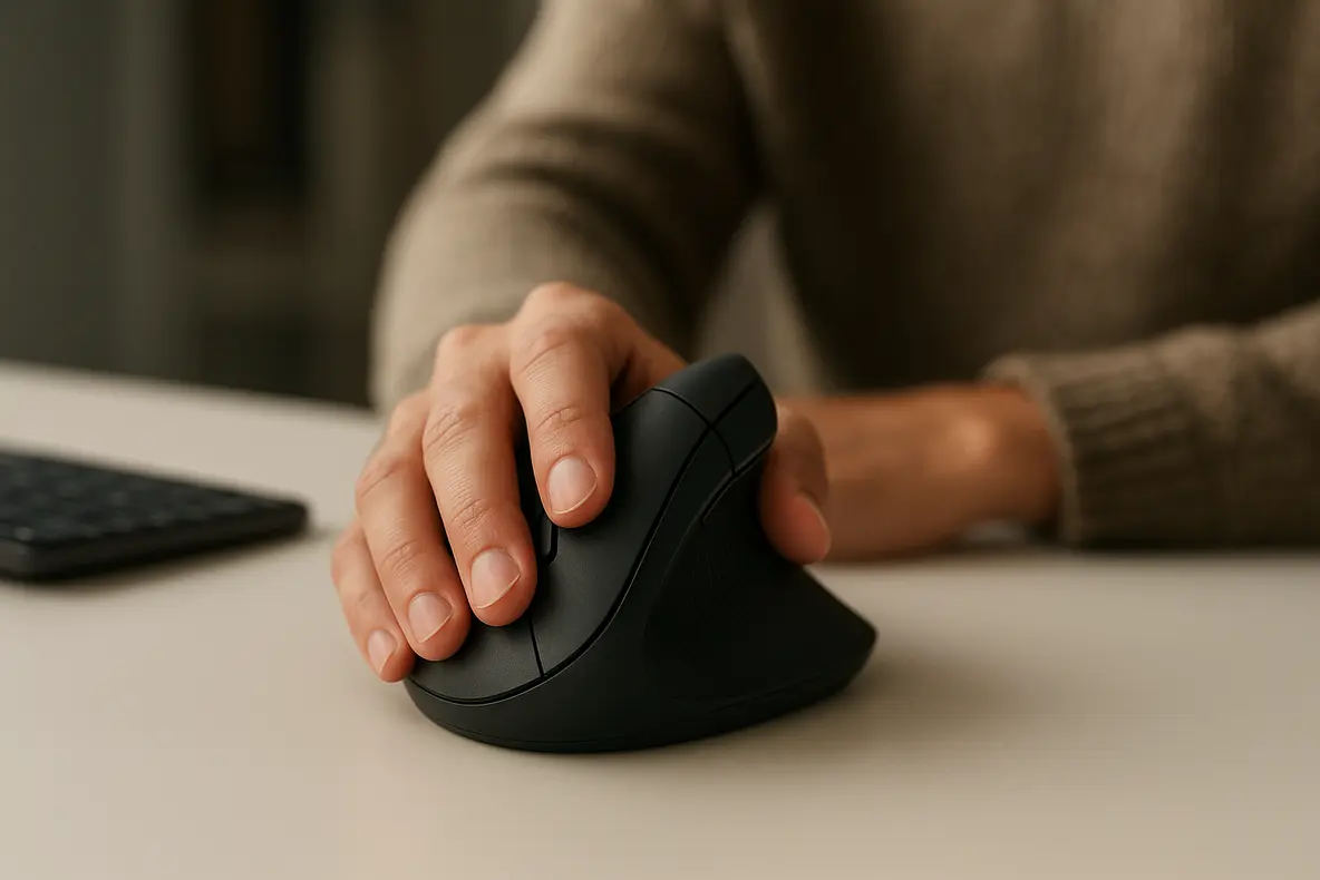 Fotografia de estúdio de um Mouse Sem Fio Vertical Ergonômico Power Fit 1600 DPI em um fundo branco, destacando seu design para conforto e produtividade.