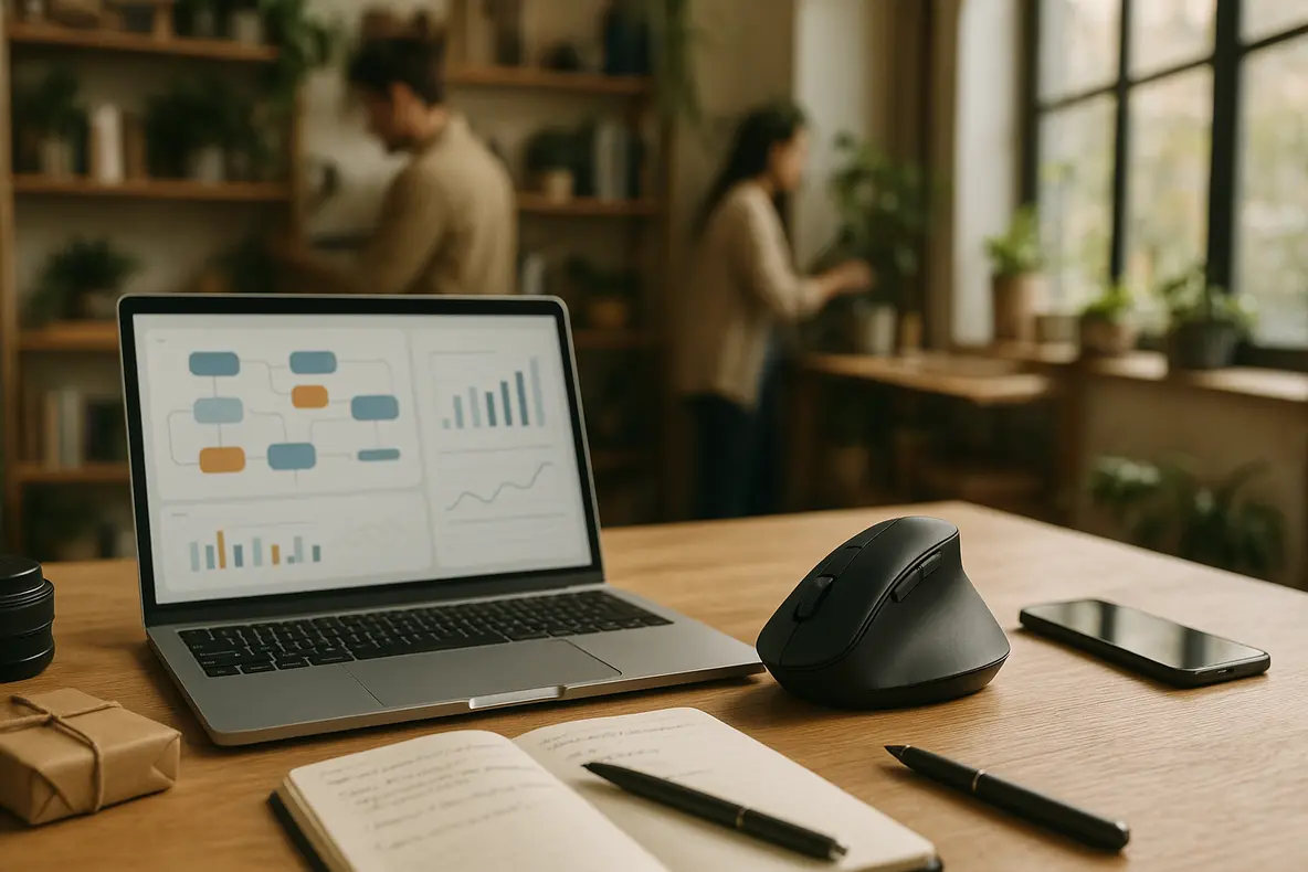 Fotografia de estúdio de um Mouse Sem Fio Vertical Ergonômico Power Fit 1600 DPI em um fundo branco, destacando seu design para conforto e produtividade. - Aplicação Prática