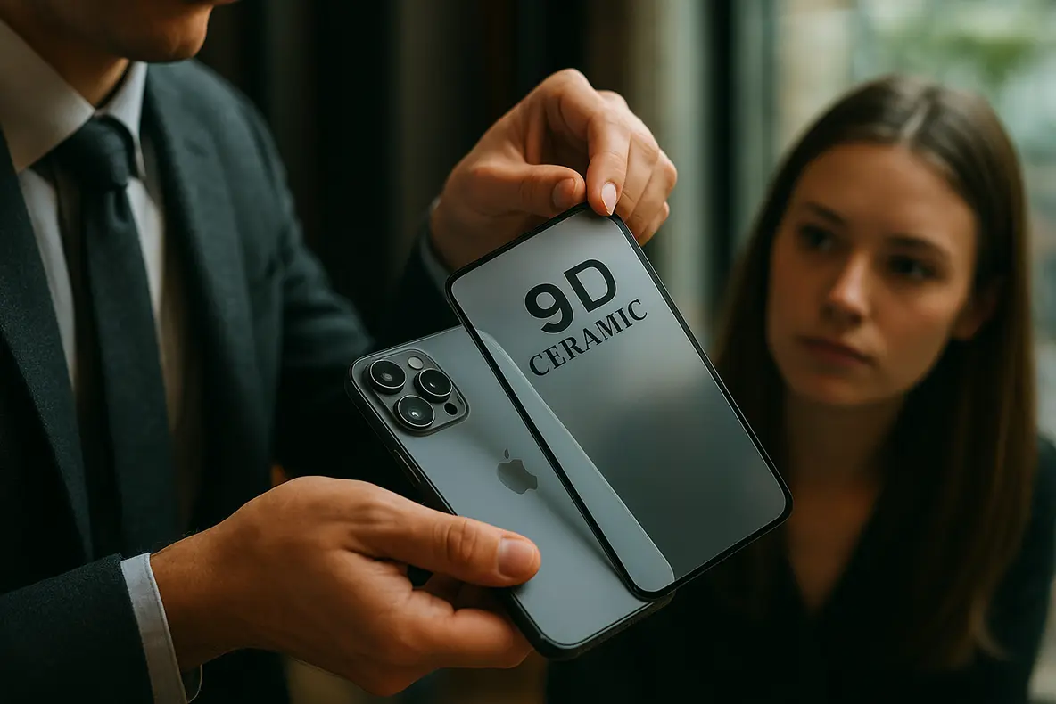 Película Cerâmica 9D para iPhone 17 Pro Max garantindo proteção e privacidade.