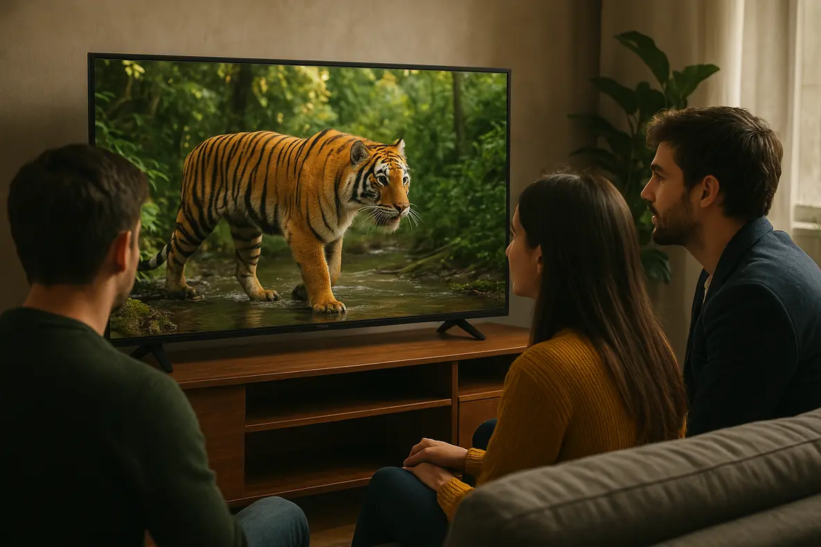 Fotografia de estúdio da Smart TV Toshiba 43V45SS exibindo uma cena colorida para ilustrar sua qualidade de imagem.