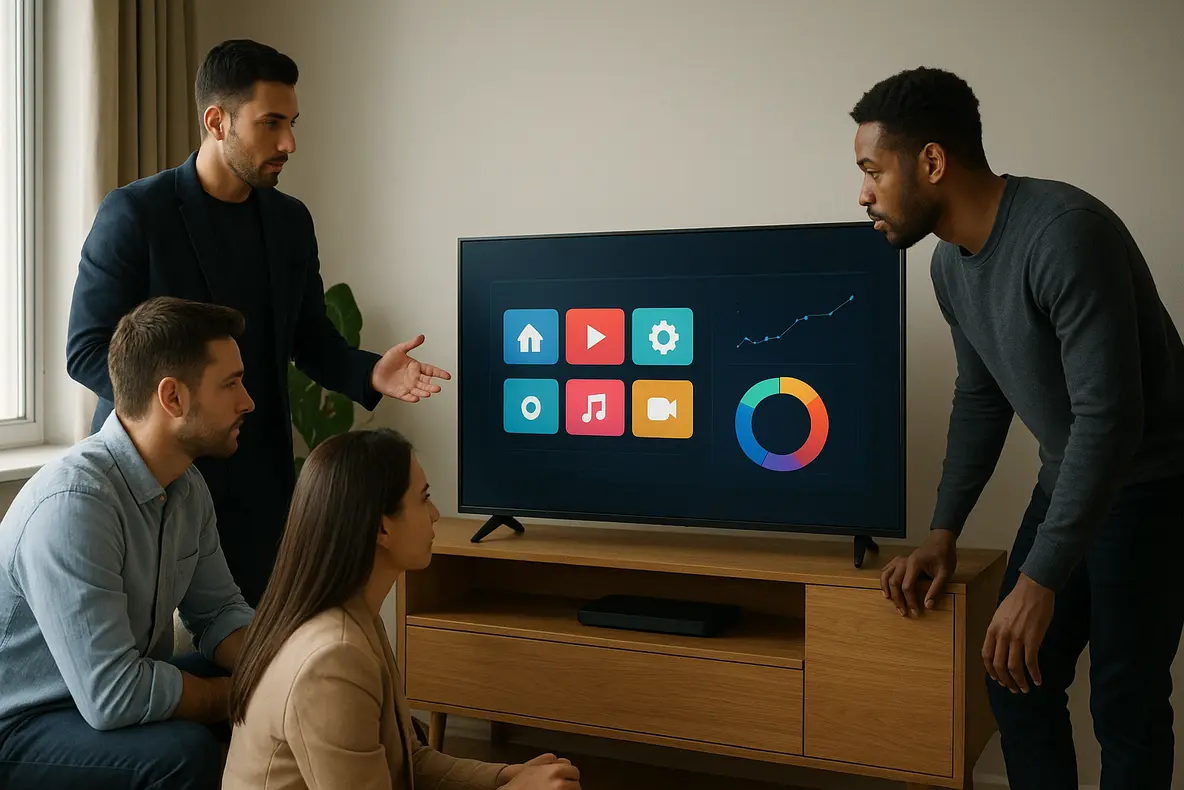 Uma Smart TV Toshiba 43V45SS de 43 polegadas exibindo gráficos de desempenho em uma tela moderna, ilustrando a análise completa do produto em um ambiente minimalista.