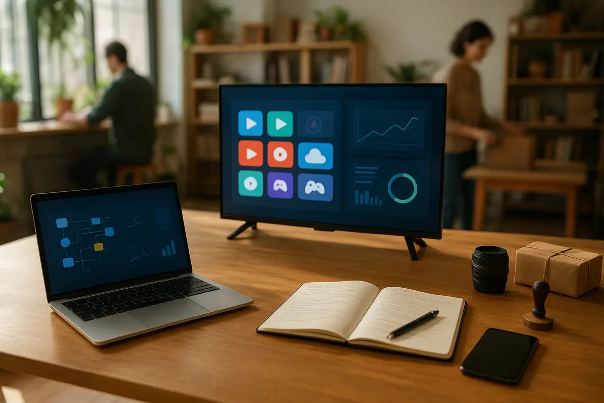 Uma Smart TV Toshiba 43V45SS de 43 polegadas exibindo gráficos de desempenho em uma tela moderna, ilustrando a análise completa do produto em um ambiente minimalista. - Aplicação Prática