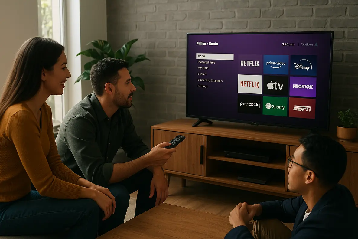 Smart TV 32 Philco Roku TV P32CRB em apresentação profissional.